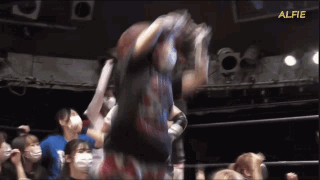 a group of people are watching a wrestling match with the word alfie on the bottom