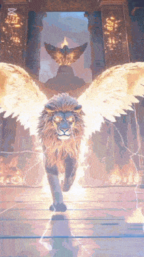 a lion with wings is walking through a doorway