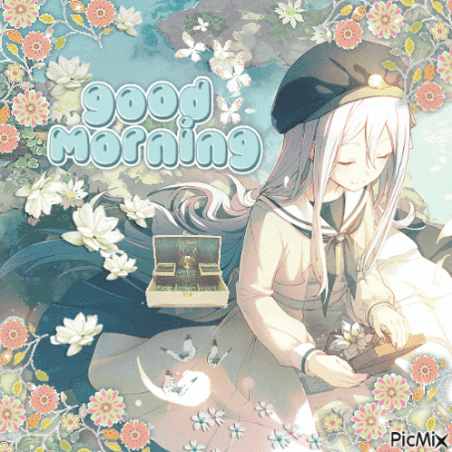 a picture of a girl with the words good morning