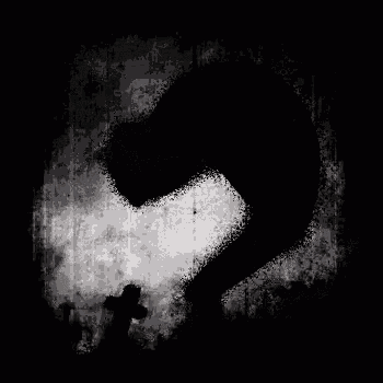 a black and white drawing of a person 's face in the dark with a cross in the background .