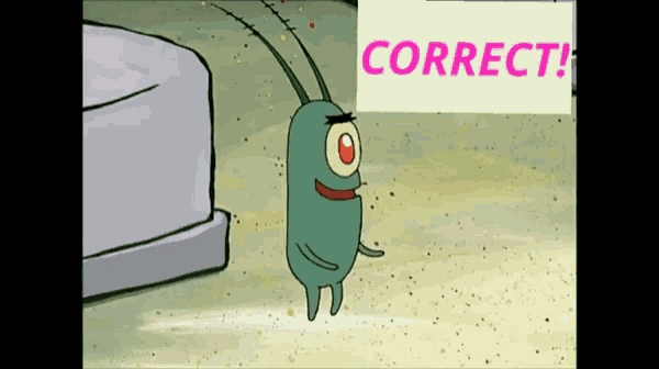 a cartoon character standing next to a correct sign