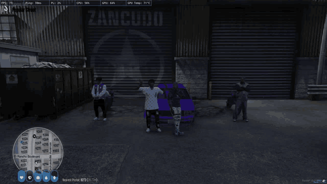 a group of people standing in front of a garage that says zancoudo on it