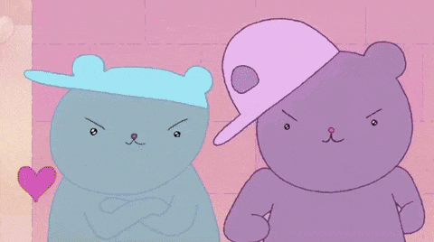 a purple teddy bear and a yellow teddy bear are standing next to each other on a pink background