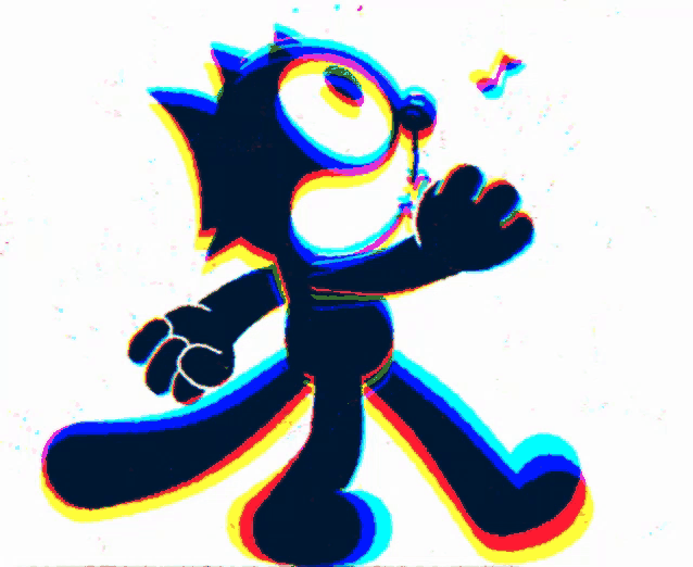 a cartoon cat with a rainbow colored face and a music note