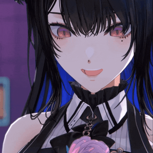 a close up of a girl 's face with purple eyes