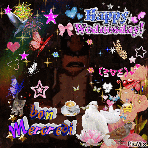 a happy wednesday greeting card with a man and a cup of coffee