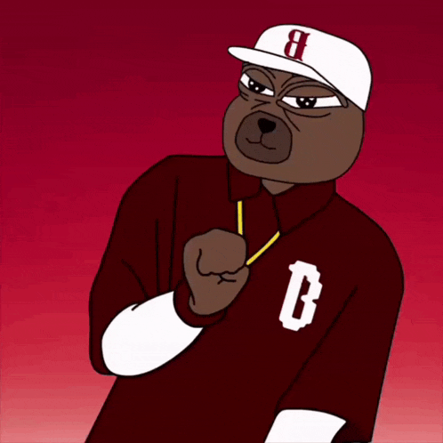 a cartoon bear wearing a red shirt with the letter b on the front