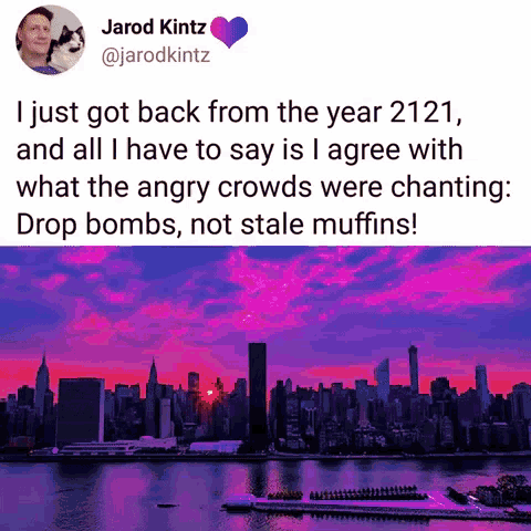 a tweet from jarod kintz shows a city skyline with a purple sunset in the background