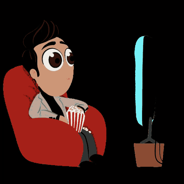 a cartoon of a man sitting in a chair eating popcorn and watching a movie with the words movie time below him