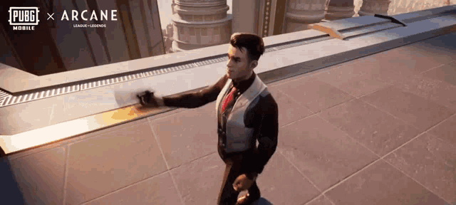 a man in a suit and tie is standing on a rooftop in a video game called pubg x arcane