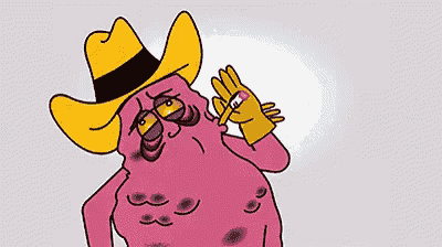 a pink cartoon character wearing a yellow cowboy hat and sunglasses