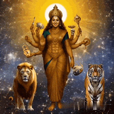 a painting of a woman with many hands standing next to a lion
