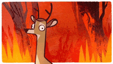 a cartoon deer is standing in front of a fire