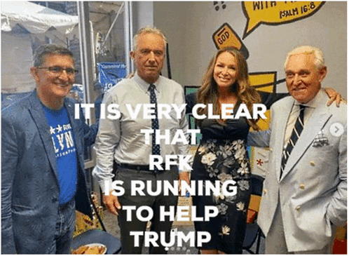 a group of people are posing for a picture with the caption " it is very clear that rff is running to help trump "