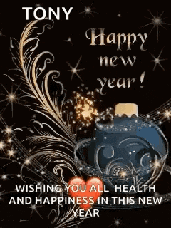 a happy new year greeting card with a feather and a bottle of perfume