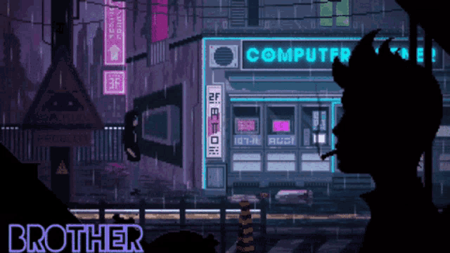 a pixel art of a man smoking a cigarette in front of a computer shop