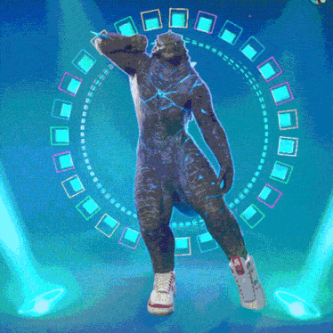 a monster is dancing in front of a blue circle