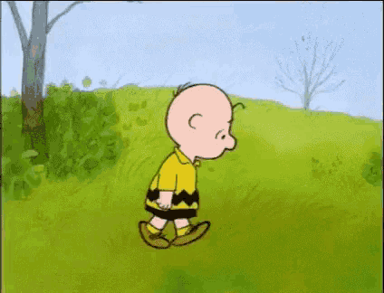 charlie brown from the peanuts cartoon is walking in a field .