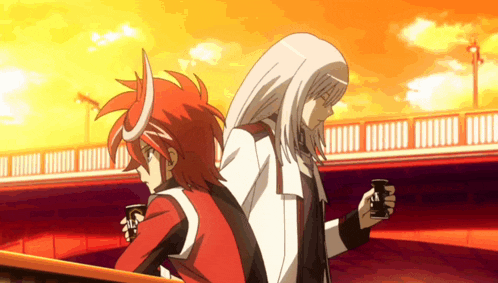two anime characters standing next to each other with one holding a can that says ' coca-cola ' on it