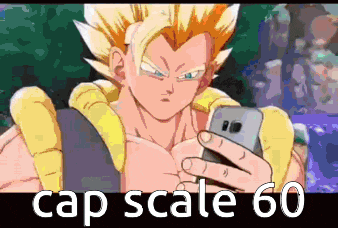a cartoon of a man looking at a cell phone with the words cap scale 60 below him