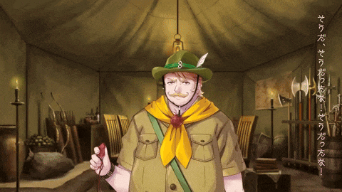 a man wearing a green hat and a yellow scarf is in a room with chinese writing on the wall