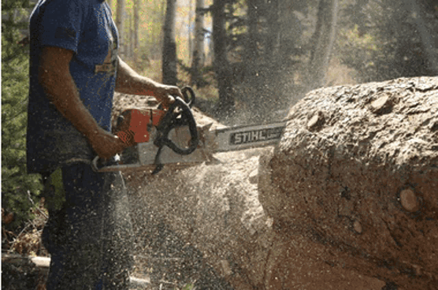 a man is using a stihl chainsaw on a log