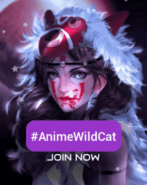 a picture of a girl with blood on her face and a purple button that says #animewildcat join now