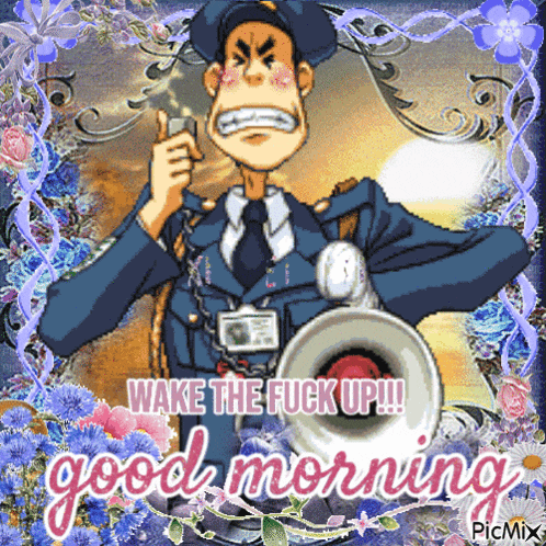 a cartoon of a police officer holding a megaphone and saying " wake the fuck up "