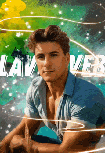 a man in a blue shirt is sitting in front of the word lava ver