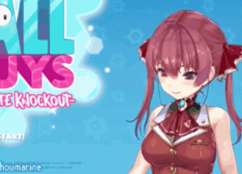 a girl with red hair is standing in front of a sign that says all guys knockout