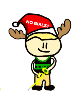 a cartoon character with antlers wearing a red hat that says no girls
