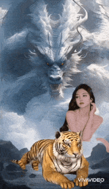 a painting of a woman standing next to a tiger and a dragon