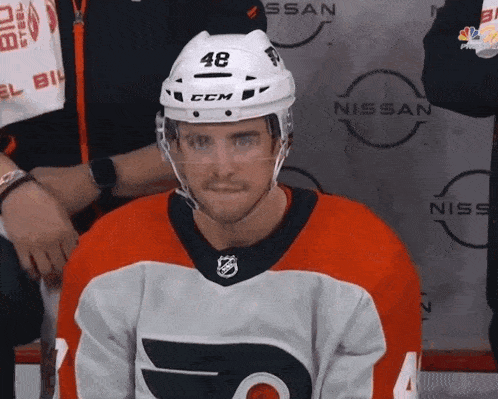 a hockey player wearing a helmet with the number 48