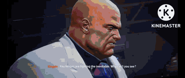a bald man in a white suit and purple tie is talking to a woman in a video game .