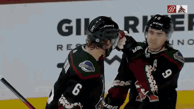 a hockey player with the number 6 on his jersey is talking to another player