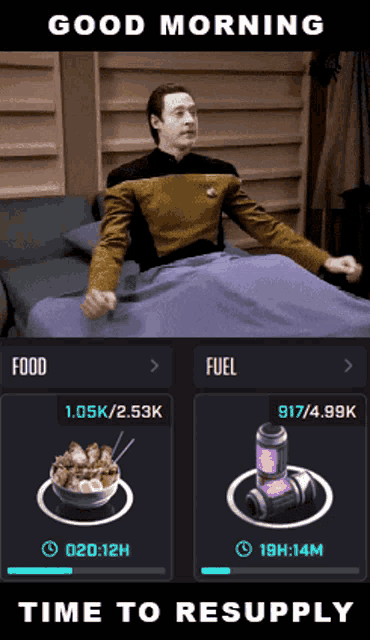 a man in a star trek uniform is laying on a bed with a purple blanket