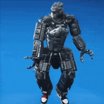 a robot is standing in front of a blue background .