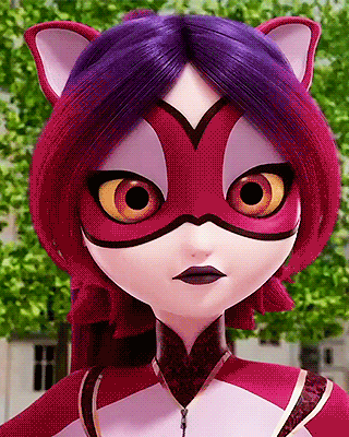 a close up of a cartoon character with purple hair and a red mask