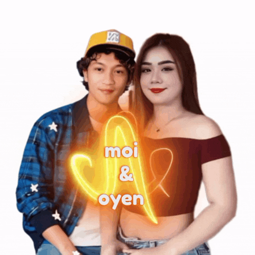 a man and a woman standing next to each other with the words moi & oyen on the bottom right