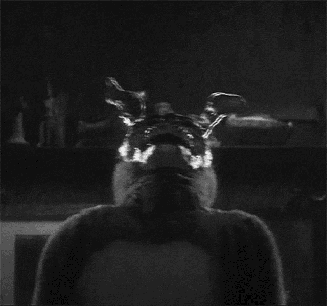 a black and white photo of a person dressed as a bunny