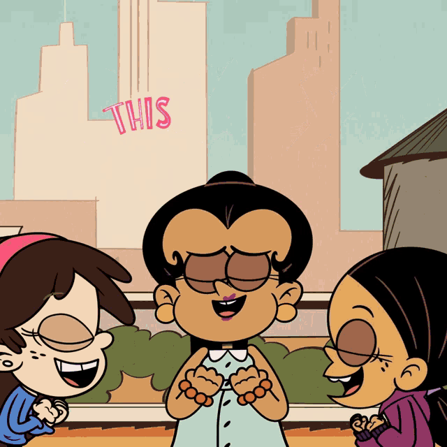 a cartoon of three girls laughing with the word this in the background