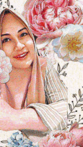 a woman wearing a hijab is surrounded by pink and blue flowers