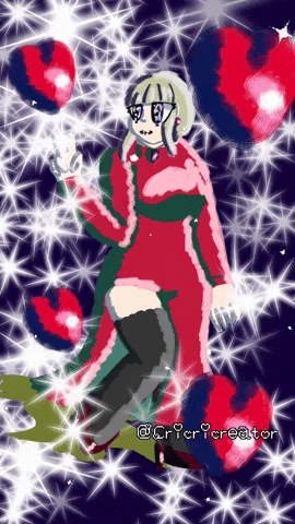 a drawing of a girl in a red coat with hearts around her and the words @criticcreator below her