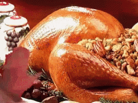 a roasted turkey sitting on top of a table covered in nuts