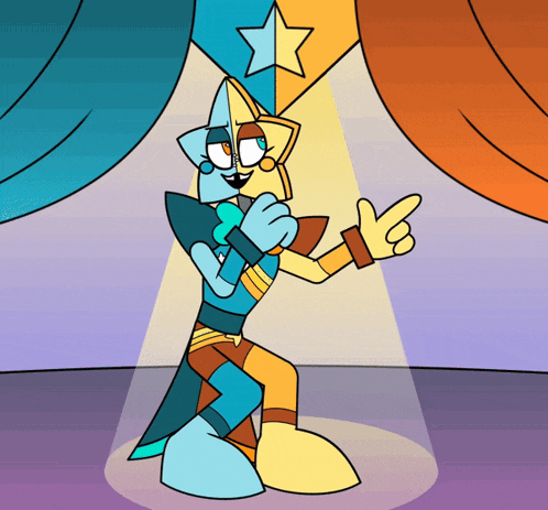 a cartoon character is holding a microphone and pointing to the right