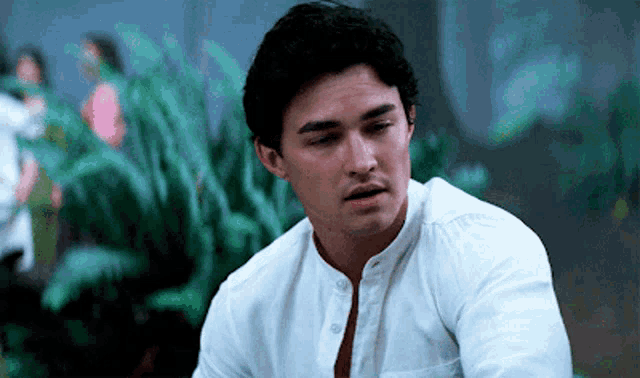 a man wearing a white shirt is sitting in front of a green plant .