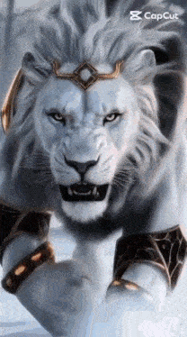 a white lion with a gold crown on its head is walking in the snow .