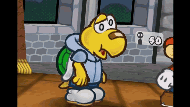 a cartoon character standing in front of a 50 sign