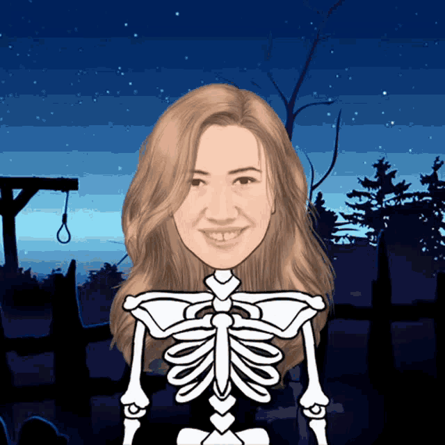 a cartoon of a woman dressed as a skeleton with a fence in the background
