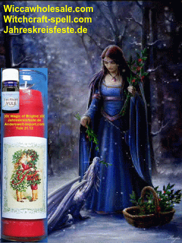 a picture of a woman holding a wreath next to a bottle of yule candle